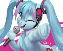 Size: 1280x1024 | Tagged: safe, artist:raphaeldavid, derpibooru import, ponified, earth pony, pony, anime, frog (hoof), hatsune miku, headphones, image, looking at you, microphone, necktie, one eye closed, open mouth, open smile, png, pointing at you, smiling, tongue out, underhoof, vocaloid, wink, winking at you