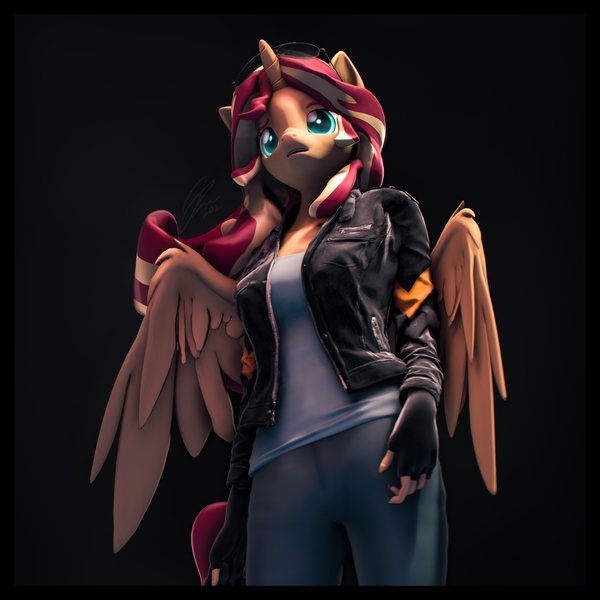 Size: 5400x5400 | Tagged: safe, artist:imafutureguitarhero, derpibooru import, sunset shimmer, alicorn, anthro, pony, 3d, absurd resolution, alicornified, aviators, border, chest freckles, chromatic aberration, clothes, colored eyebrows, colored eyelashes, equestria girls outfit, female, film grain, fingerless gloves, floppy ears, freckles, glasses, gloves, horn, image, jacket, jeans, jpeg, leather gloves, leather jacket, long hair, long mane, mare, multicolored hair, multicolored mane, multicolored tail, nose wrinkle, open mouth, pants, peppered bacon, race swap, revamped anthros, revamped ponies, shimmercorn, shirt, signature, solo, source filmmaker, square, sunglasses, sunglasses on head, wall of tags, wind, windswept hair, windswept mane, wings