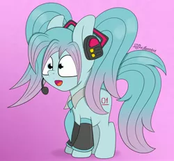 Size: 3000x2789 | Tagged: safe, artist:puperhamster, derpibooru import, ponified, earth pony, pony, anime, hatsune miku, headphones, image, jpeg, microphone, necktie, open mouth, simple background, smiling, vocaloid