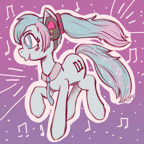 Size: 2048x2048 | Tagged: safe, artist:scribleydoodles, derpibooru import, kotobukiya, ponified, earth pony, pony, anime, female, hatsune miku, image, kotobukiya hatsune miku pony, mare, music notes, necktie, png, raised hoof, raised leg, solo