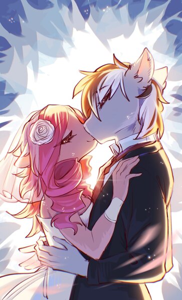 Size: 1240x2048 | Tagged: safe, artist:swaybat, derpibooru import, oc, oc:文汐, oc:斑仔, unofficial characters only, anthro, earth pony, anthro oc, clothes, dress, female, image, jpeg, male, marriage, oc x oc, shipping, wedding, wedding dress, wedding suit