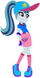 Size: 280x537 | Tagged: safe, artist:selenaede, artist:user15432, derpibooru import, sonata dusk, human, equestria girls, base used, baseball cap, belt, blue dress, cap, clothes, gloves, golf, hand on arm, hat, image, jewelry, necklace, pendant, pink socks, png, shoes, sneakers, socks, sports, sports outfit, sporty style
