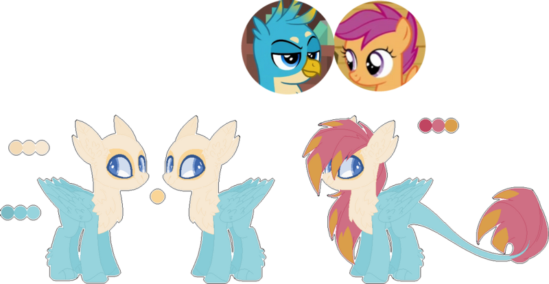 Size: 1024x530 | Tagged: safe, artist:theflowersdreams, derpibooru import, gallus, scootaloo, oc, gryphon, hippogriff, pegasus, crack shipping, female, galloo, gallus the rooster, hippogriff oc, image, interspecies, interspecies offspring, male, offspring, parent:gallus, parent:scootaloo, parents:galloo, png, scootachicken, shipping, straight