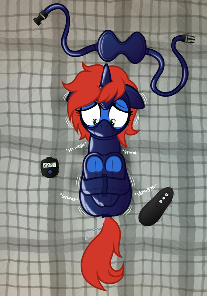 Size: 1400x2000 | Tagged: suggestive, artist:nxzc88, derpibooru import, oc, oc:cyberpon3, unofficial characters only, pony, unicorn, blindfold, bondage, encasement, female, gag, image, latex, latex suit, png, prolonged stimulation, sex toy, solo, straitjacket, struggling, timer, underhoof, vibrator