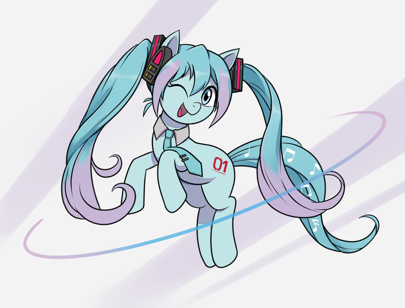 Size: 1250x950 | Tagged: safe, artist:mew-me, derpibooru import, ponified, pony, anime, hatsune miku, headphones, image, jpeg, one eye closed, vocaloid