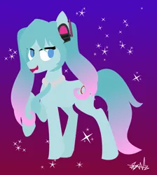 Size: 3241x3612 | Tagged: safe, artist:samsailz, derpibooru import, ponified, earth pony, pony, anime, gradient, gradient background, hatsune miku, headphone, image, lineless, necktie, png, ponytail, smiling, solo