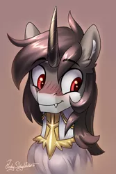 Size: 2000x3000 | Tagged: safe, artist:jedayskayvoker, derpibooru import, oc, pony, blushing, bust, clothes, dress, eyebrows, eyebrows visible through hair, fangs, gradient background, icon, image, male, png, portrait, shy, smiling, solo, stallion