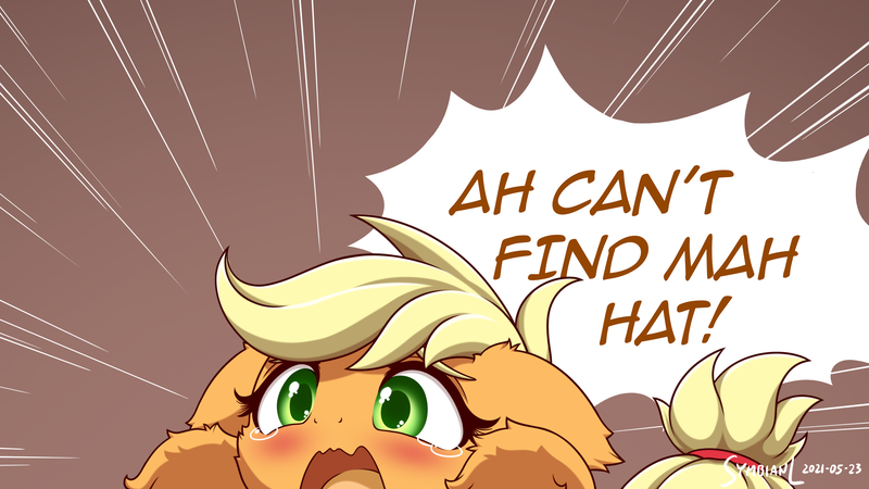 Size: 3200x1800 | Tagged: safe, artist:symbianl, derpibooru import, part of a set, applejack, earth pony, pony, adorable distress, cheek fluff, crying, cute, dialogue, ear fluff, female, floppy ears, fluffy, hatless, image, jackabetes, leg fluff, mare, missing accessory, open mouth, png, solo, speech bubble, teary eyes
