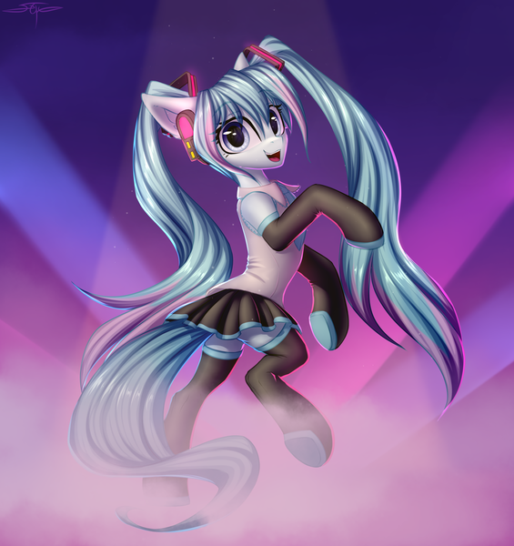 Size: 2672x2836 | Tagged: safe, artist:setharu, derpibooru import, kotobukiya, ponified, earth pony, pony, anime, clothes, female, hatsune miku, headphones, image, kotobukiya hatsune miku pony, mare, necktie, pigtails, png, socks, solo, stockings, thigh highs, vocaloid