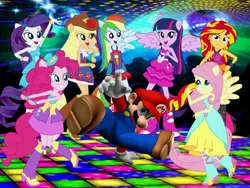 Size: 4000x3000 | Tagged: safe, artist:aaliyah_rosado, artist:sugar-loop, artist:theshadowstone, artist:user15432, derpibooru import, applejack, fluttershy, pinkie pie, rainbow dash, rarity, sunset shimmer, twilight sparkle, twilight sparkle (alicorn), alicorn, human, equestria girls, barely eqg related, breakdancing, crossover, crossover shipping, dance dance revolution, dance dance revolution mario mix, dance floor, dance party, dancing, disco ball, fall formal outfits, female, image, jpeg, lights, looking at you, male, maridash, mario, mariopie, marioshy, nintendo, pegasus wings, ponied up, shipping, straight, super mario bros., wings