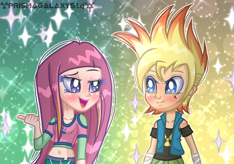 Size: 1163x815 | Tagged: safe, artist:diamond-bases, artist:lumi-infinite64, artist:prismagalaxy514, derpibooru import, human, equestria girls, barely eqg related, base used, cartoon network, clothes, crossover, equestria girls style, equestria girls-ified, image, johnny test, looking at each other, open mouth, png, roxy (winx club), sparkly, sparkly background, winx club