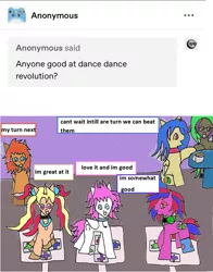 Size: 1211x1545 | Tagged: safe, artist:ask-luciavampire, derpibooru import, oc, alicorn, earth pony, pegasus, pony, unicorn, ask, ask-ponys-gamer-club, dancing, game, image, png, tumblr