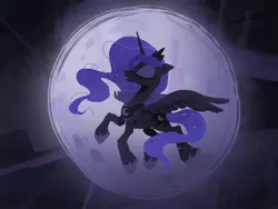 Size: 2224x1668 | Tagged: safe, artist:frozenspots, derpibooru import, princess luna, alicorn, pony, eyes closed, female, flying, full moon, image, jpeg, mare, moon, profile, solo, spread wings, wings