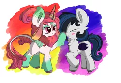 Size: 5800x4000 | Tagged: safe, artist:hisp, derpibooru import, oc, oc:eventide mist, oc:pumpkin leaves, unofficial characters only, bat pony, kirin, pony, bat pony oc, bat wings, blushing, boop, couple, cute, image, jpeg, shipping, simple background, smug, wings