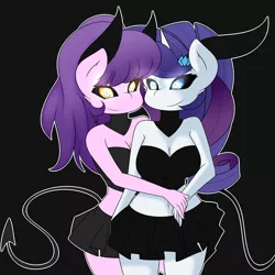 Size: 4500x4500 | Tagged: suggestive, artist:caoscore, derpibooru import, rarity, suri polomare, anthro, demon, clothes, demon horns, female, horns, hug, hug from behind, image, lesbian, looking at you, png, shipping, skirt, surity
