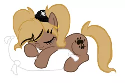 Size: 874x582 | Tagged: safe, artist:rochelle2014, derpibooru import, oc, unofficial characters only, earth pony, pony, ear piercing, earring, earth pony oc, eyelashes, hat, image, jewelry, piercing, pillow, png, simple background, sleeping, smiling, solo, white background