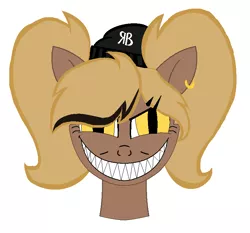 Size: 782x730 | Tagged: safe, artist:rochelle2014, derpibooru import, oc, unofficial characters only, earth pony, pony, bust, ear piercing, earring, earth pony oc, eyelashes, grin, hat, image, jewelry, piercing, png, sharp teeth, simple background, smiling, solo, teeth, white background