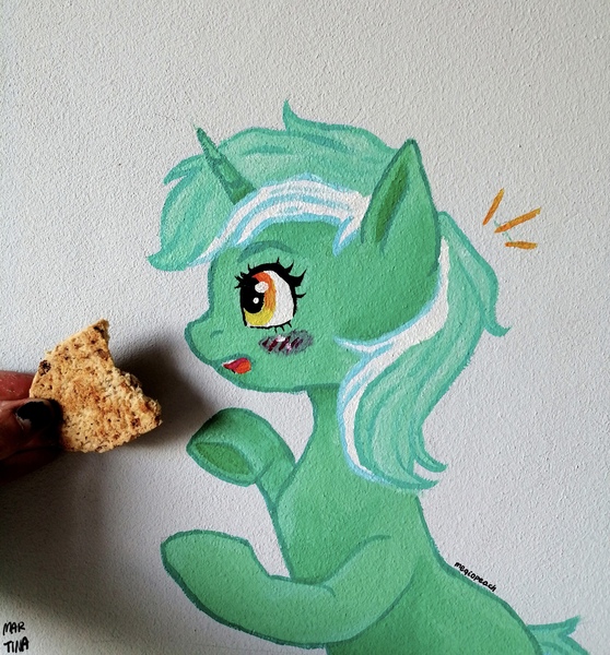 Size: 3120x3357 | Tagged: safe, artist:meqiopeach, derpibooru import, lyra heartstrings, pony, unicorn, blushing, cookie, cute, fanart, food, hand, hoof hold, image, irl, jpeg, lyrabetes, paint, painting, photo, real life background, realistic, solo, surprised