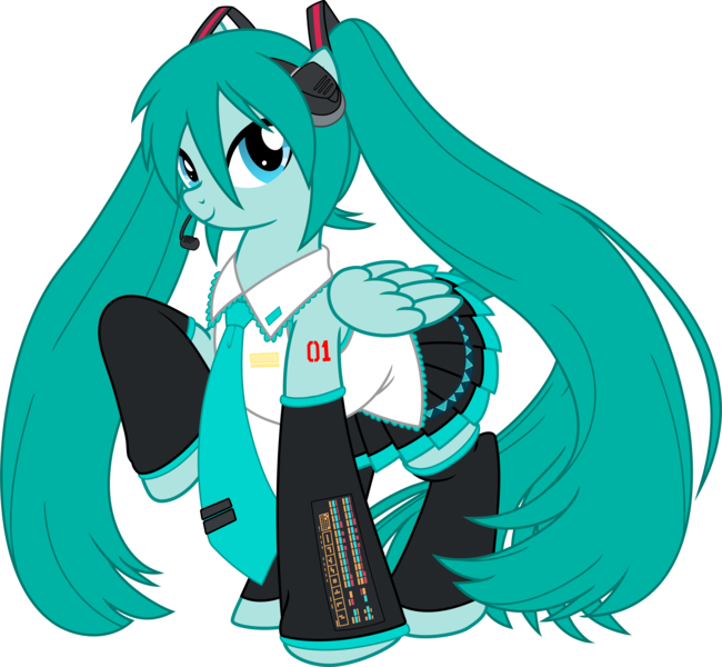 Size: 6500x6000 | Tagged: safe, artist:pink1ejack, derpibooru import, ponified, pegasus, pony, absurd resolution, anime, clothes, crossover, female, hatsune miku, headphones, headset, hilarious in hindsight, hooves up, image, japanese, mare, miniskirt, moon runes, necktie, pigtails, pleated skirt, png, raised hoof, simple background, skirt, smiling, solo, transparent background, twintails, vector, vector trace, vocaloid