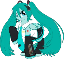 Size: 6500x6000 | Tagged: safe, artist:pink1ejack, derpibooru import, ponified, pegasus, pony, absurd resolution, anime, clothes, crossover, female, hatsune miku, headphones, headset, hilarious in hindsight, hooves up, image, japanese, mare, miniskirt, moon runes, necktie, pigtails, pleated skirt, png, raised hoof, simple background, skirt, smiling, solo, transparent background, twintails, vector, vector trace, vocaloid