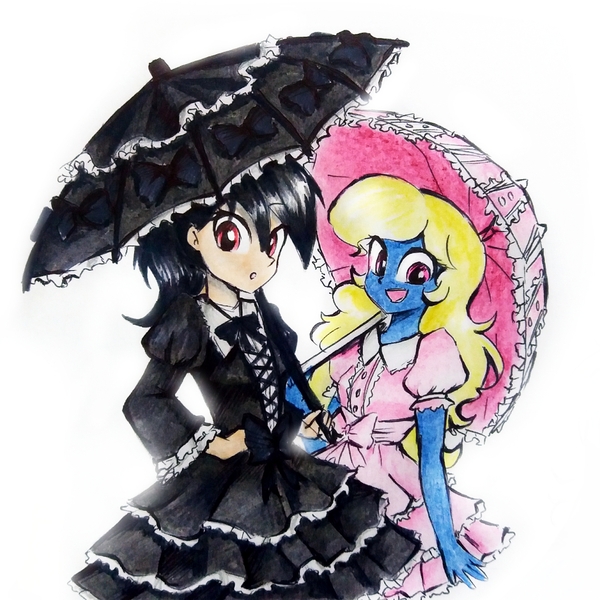 Size: 2433x2433 | Tagged: safe, derpibooru import, oc, oc:azure/sapphire, oc:zaria deibele, unofficial characters only, equestria girls, couple, crossdressing, female, femboy, gothic lolita, image, jpeg, lolita fashion, male, parasol (umbrella), sweet lolita