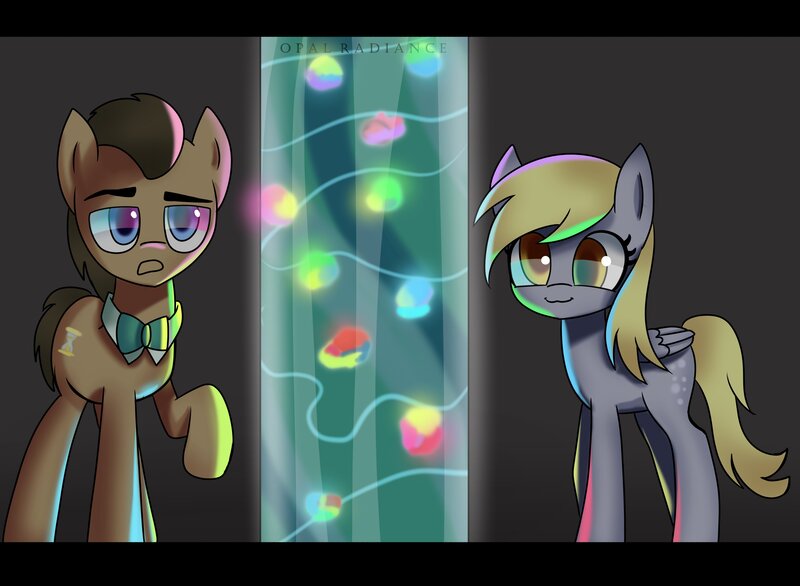 Size: 4096x3001 | Tagged: safe, artist:opal_radiance, derpibooru import, derpy hooves, doctor whooves, time turner, earth pony, pegasus, pony, slice of life (episode), container, duo, female, fireworks, glow, high res, image, jpeg, male, mare, scene interpretation, smiling, stallion