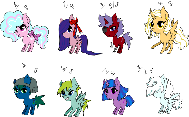 Size: 5289x3276 | Tagged: safe, artist:smilesupsidedown, derpibooru import, oc, unofficial characters only, earth pony, pegasus, pony, unicorn, base used, bow, chibi, earth pony oc, eyelashes, eyepatch, female, horn, image, mare, pegasus oc, png, simple background, tail bow, transparent background, unicorn oc, wings