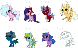 Size: 5289x3276 | Tagged: safe, artist:smilesupsidedown, derpibooru import, oc, unofficial characters only, earth pony, pegasus, pony, unicorn, base used, bow, chibi, earth pony oc, eyelashes, eyepatch, female, horn, image, mare, pegasus oc, png, simple background, tail bow, transparent background, unicorn oc, wings