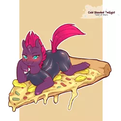 Size: 1200x1200 | Tagged: suggestive, artist:cold-blooded-twilight, derpibooru import, tempest shadow, blushing, broken horn, clothes, dock, dripping, female, food, foodplay, horn, image, pineapple, pineapple pizza, pizza, png, raised tail, simple background, skintight clothes, smiling, solo, solo female, stupid sexy tempest shadow, tail, toppings, unshorn fetlocks, wide hips