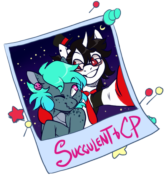 Size: 700x745 | Tagged: safe, artist:lavvythejackalope, derpibooru import, oc, unofficial characters only, earth pony, pony, unicorn, bust, commission, crescent moon, duo, earth pony oc, freckles, glasses, grin, horn, image, moon, necktie, night, one eye closed, photo, png, selfie, side hug, smiling, stars, unicorn oc, wink, ych result