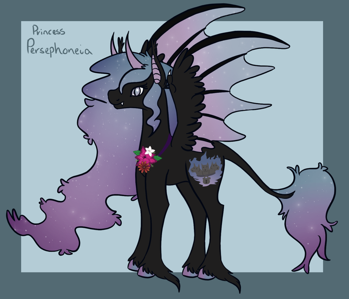 Size: 1750x1500 | Tagged: safe, artist:misskanabelle, derpibooru import, oc, oc:persephoneia, unofficial characters only, demon, demon pony, original species, pony, abstract background, ethereal mane, ethereal wings, female, hoof fluff, horns, hybrid wings, image, leonine tail, mare, png, signature, solo, starry mane, wings