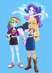 Size: 1448x2048 | Tagged: safe, artist:binco_293, derpibooru import, applejack, rainbow dash, rarity, human, equestria girls, applejack is not amused, armpits, arms in the air, boots, clothes, cowboy boots, dress, female, football, hands in the air, image, jpeg, legs, shoes, shorts, simple background, skirt, sleeveless, sleeveless dress, sparkles, sports, sweater, trio, unamused