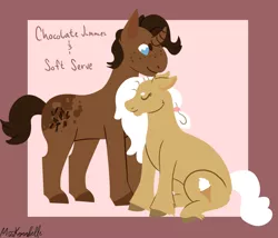 Size: 1750x1500 | Tagged: safe, artist:misskanabelle, derpibooru import, oc, oc:chocolate jimmies, oc:soft serve, unofficial characters only, earth pony, pony, unicorn, abstract background, colored hooves, duo, earth pony oc, freckles, horn, image, nuzzling, png, signature, unicorn oc