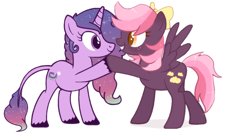 Size: 1075x628 | Tagged: safe, artist:floofyhoof, artist:misskanabelle, derpibooru import, oc, oc:aurora star, oc:dusky sky, unofficial characters only, pegasus, pony, unicorn, base used, collaboration, duo, ethereal mane, female, hair over one eye, hoofbump, horn, image, leonine tail, mare, pegasus oc, png, simple background, starry mane, transparent background, unicorn oc, unshorn fetlocks, wings