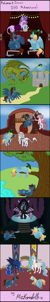 Size: 900x5377 | Tagged: safe, artist:misskanabelle, derpibooru import, princess celestia, princess luna, oc, alicorn, dragon, pegasus, pony, unicorn, comic, dragon oc, female, flying, hoof shoes, horn, image, male, mare, mouth hold, outdoors, pegasus oc, peytral, pirate ship, png, signature, stallion, unicorn oc, wings