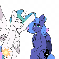 Size: 768x768 | Tagged: safe, artist:valkiria, derpibooru import, princess celestia, princess luna, alicorn, pony, animated, boop, chest fluff, cute, cutelestia, duo, duo female, female, frame by frame, gif, horn, image, lunabetes, mare, royal sisters, s1 luna, siblings, simple background, sisters, sitting, wings