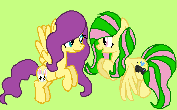 Size: 690x432 | Tagged: safe, artist:liikeasweet tfm, derpibooru import, oc, oc:fluttergames, oc:liikeasweet, green background, image, png, simple background