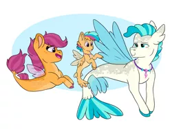 Size: 1280x964 | Tagged: safe, artist:moccabliss, derpibooru import, scootaloo, oc, pegasus, pony, seapony (g4), clothes, female, fin wings, fins, fish tail, image, jewelry, jpeg, looking at each other, male, necklace, open mouth, seaponified, seapony scootaloo, see-through, simple background, smiling, species swap, tail, terrarmar, wings