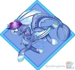 Size: 1600x1500 | Tagged: safe, artist:kozykreations, derpibooru import, edit, oc, unofficial characters only, original species, shark, shark pony, bubble, dorsal fin, ear fluff, fish tail, green eyes, image, logo, logo edit, png, solo, swimming, tail, wings