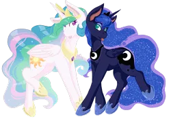 Size: 2930x2047 | Tagged: safe, artist:mscolorsplash, derpibooru import, princess celestia, princess luna, alicorn, pony, blue mane, colored pupils, crown, duo, duo female, ethereal mane, female, flowing mane, green eyes, high res, hoof shoes, horn, image, jewelry, looking at each other, mare, multicolored hair, png, purple eyes, regalia, royal sisters, siblings, silly, silly pony, simple background, sisters, starry mane, starry tail, tongue out, transparent background