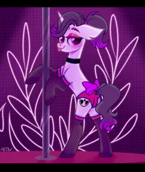 Size: 1911x2271 | Tagged: suggestive, alternate version, artist:al-lat, derpibooru import, oc, oc:hazel radiate, unofficial characters only, pony, unicorn, bedroom eyes, bipedal, blushing, bow, choker, clothes, colored hooves, commission, commissioner:biohazard, eyebrows, eyeshadow, female, fishnets, highlights, horn, image, looking at you, makeup, mare, panties, png, ponytail, raised hoof, socks, solo, solo female, stage, stockings, stripper, stripper pole, tail bow, thigh highs, tongue out, underwear, unicorn oc, unshorn fetlocks, ych result