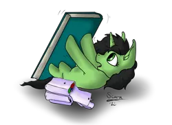 Size: 3118x2267 | Tagged: safe, artist:scoundrel scaramouche, derpibooru import, oc, oc:green, pony, unicorn, fanfic:trust once lost, book, book bag, female, filly, foal, giant book, illustration, image, png, simple background, squish, story, story included, transparent background