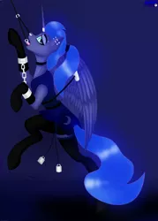 Size: 2500x3500 | Tagged: suggestive, artist:max_torreto, derpibooru import, princess luna, alicorn, pony, alternate hairstyle, bdsm, bondage, bound wings, clothes, collar, cuffs, derpibooru exclusive, dress, ear piercing, evening gloves, eyebrow piercing, female, gloves, horn, horn ring, image, jewelry, long gloves, looking at you, magic suppression, mare, nose piercing, nose ring, piercing, png, ponytail, ring, see-through, socks, solo, stockings, thigh highs, tongue out, tongue piercing, weights, wings