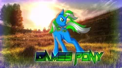 Size: 1280x720 | Tagged: safe, artist:igames, derpibooru import, oc, oc:igames, pony, unicorn, badass, cool, igames pony, image, jpeg, looking right, solo, sun, sunset, tree