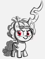 Size: 974x1262 | Tagged: safe, artist:heretichesh, derpibooru import, cozy glow, alicorn, changeling, pony, alicornified, changeling horn, cozycorn, evil eyes, female, filly, freckles, fusion, horn, image, monochrome, neo noir, partial color, png, race swap, red eyes, simple background, sketch, white background