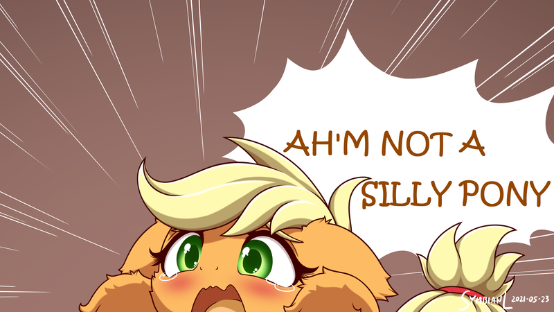 Size: 3200x1800 | Tagged: safe, artist:symbianl, derpibooru import, edit, part of a set, applejack, earth pony, pony, adorable distress, blatant lies, cheek fluff, crying, cute, dialogue, ear fluff, female, floppy ears, fluffy, hatless, image, jackabetes, leg fluff, mare, missing accessory, open mouth, png, silly, silly pony, solo, speech bubble, teary eyes, who's a silly pony