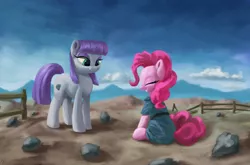 Size: 3000x1979 | Tagged: safe, artist:flusanix, derpibooru import, maud pie, pinkie pie, earth pony, pony, clothes, clothes swap, dress, duo, eyes closed, female, grin, high res, image, mare, png, rock farm, siblings, sisters, sitting, smiling, when she smiles