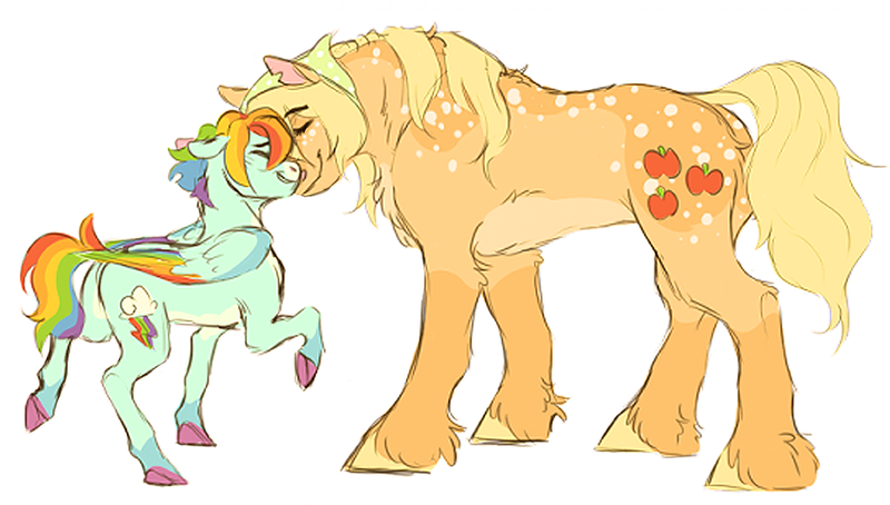 Size: 1160x658 | Tagged: safe, artist:halfcrazydaisy, derpibooru import, edit, applejack, rainbow dash, earth pony, pegasus, pony, alternate design, appledash, body freckles, coat markings, colored hooves, colored wings, cropped, eyes closed, female, floppy ears, freckles, image, kerchief, lesbian, mare, nuzzling, png, profile, raised hoof, shipping, short hair, side view, simple background, size difference, smiling, spots, standing, unshorn fetlocks, white background, wings