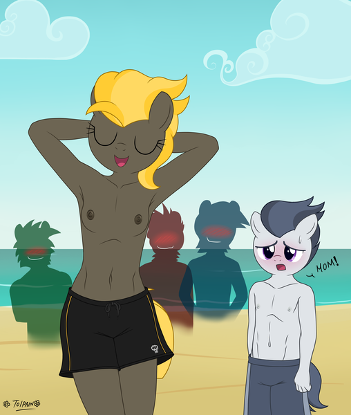 Size: 2983x3525 | Tagged: questionable, artist:deserter, artist:tolpain, derpibooru import, rumble, oc, oc:nimbus shock, anthro, belly button, breasts, casual nudity, clothes, delicious flat chest, embarrassed, female, image, male, male swimwear challenge, milf, mother and child, mother and son, nipples, nudity, partial nudity, png, small breasts, swimming trunks, topless