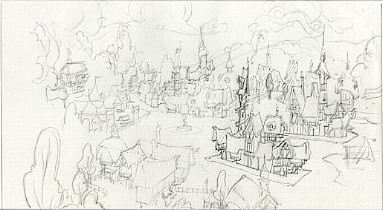 Size: 383x210 | Tagged: safe, artist:davedunnet, derpibooru import, the art of equestria, concept art, image, jpeg, monochrome, official art, pencil drawing, ponyville, sketch, traditional art